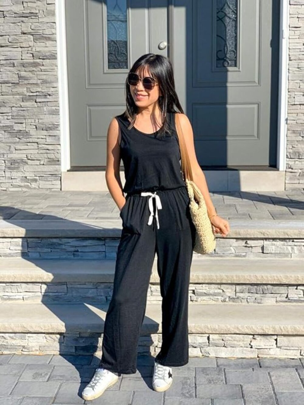 Sleeveless Black Drawstring Jumpsuit with Pockets